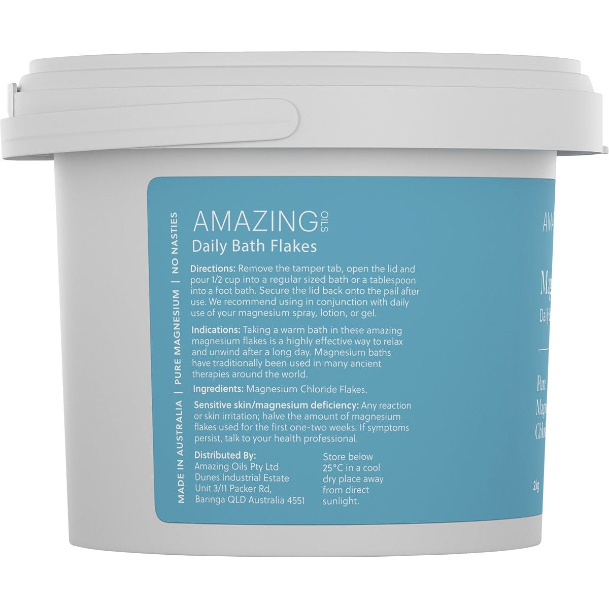 2kg tub of Amazing Oils Magnesium Daily Bath Flakes featuring pure magnesium chloride.