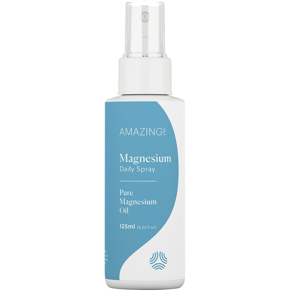 125ml bottle of Amazing Oils Magnesium Daily Spray with a clear cap and a blue and white label on a white background.