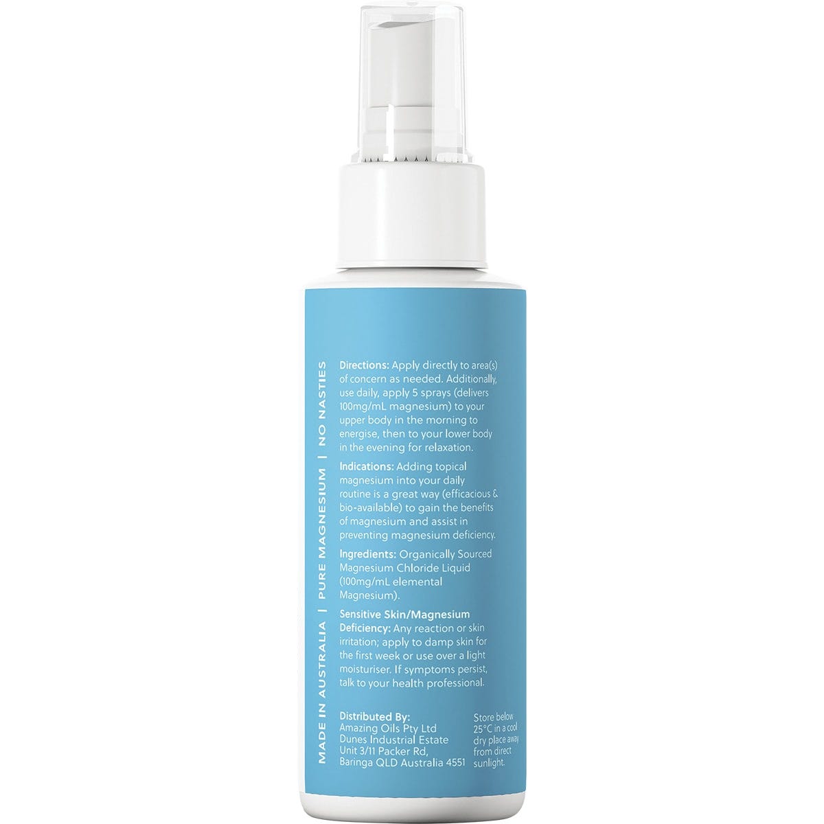 125ml bottle of Amazing Oils Magnesium Daily Spray with a blue and white label and clear cap on a white background.