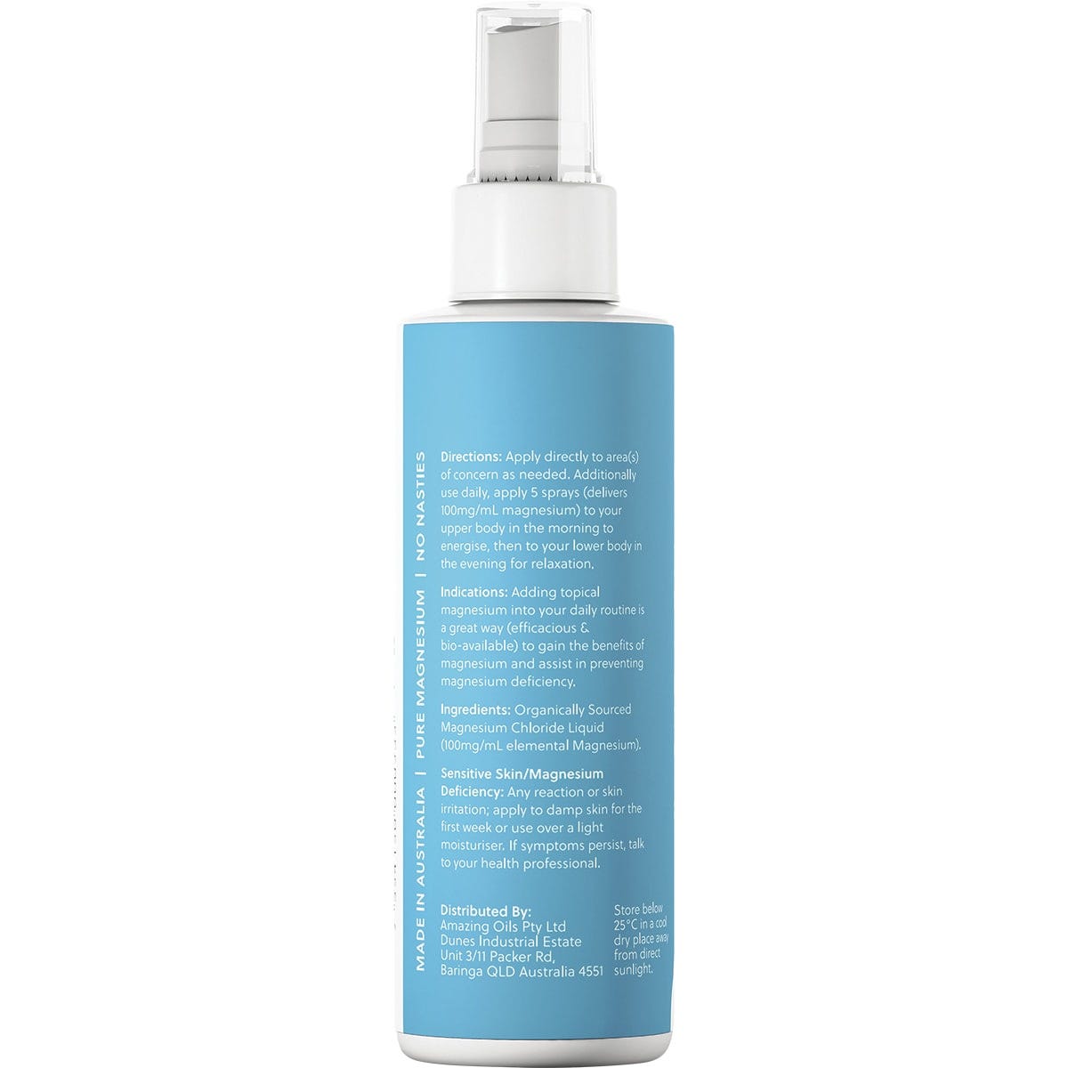 200ml bottle of Amazing Oils Magnesium Daily Spray with a white and teal label on a white background.