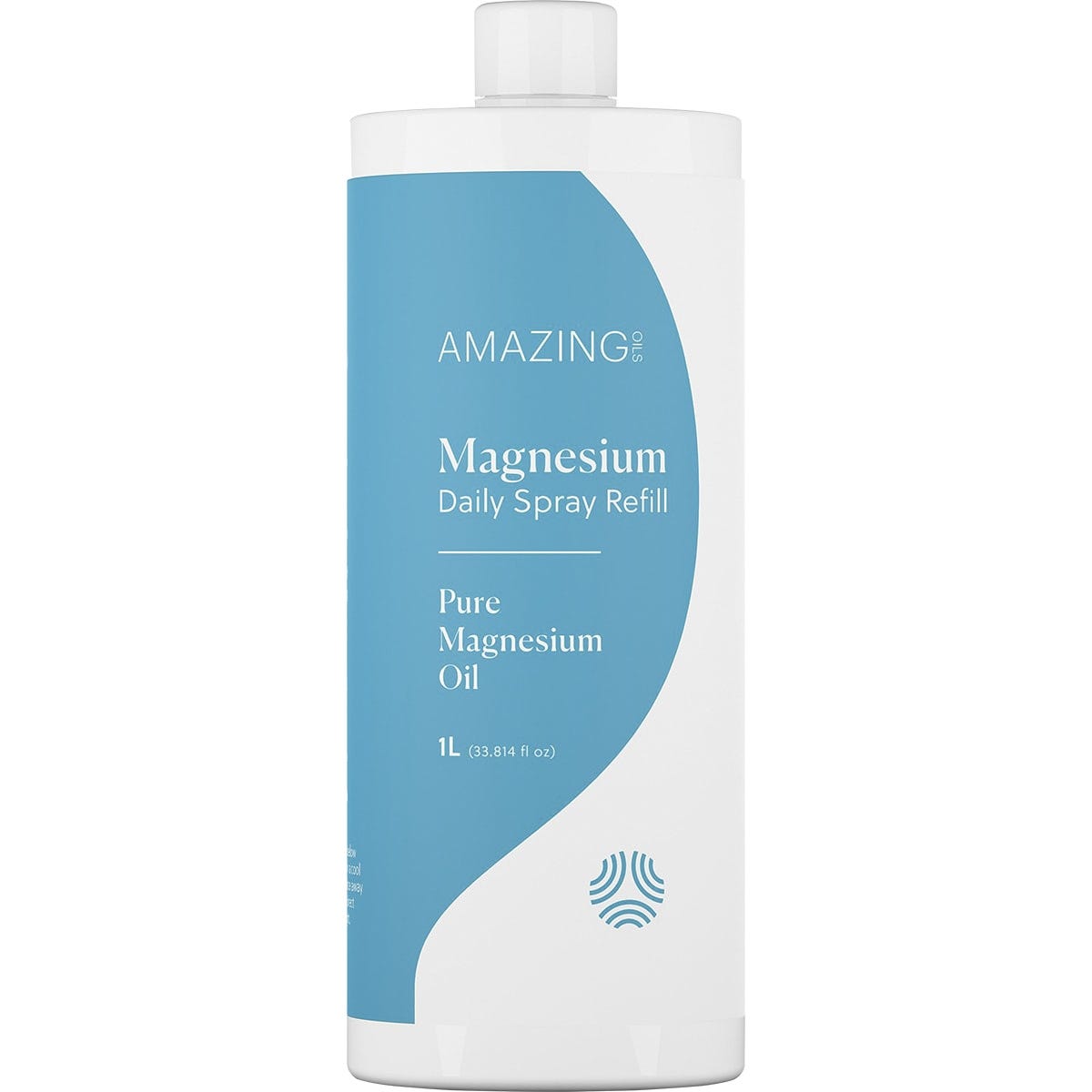 1L white refill bottle of Amazing Oils Magnesium Daily Spray with a blue and gold label and black screw cap.