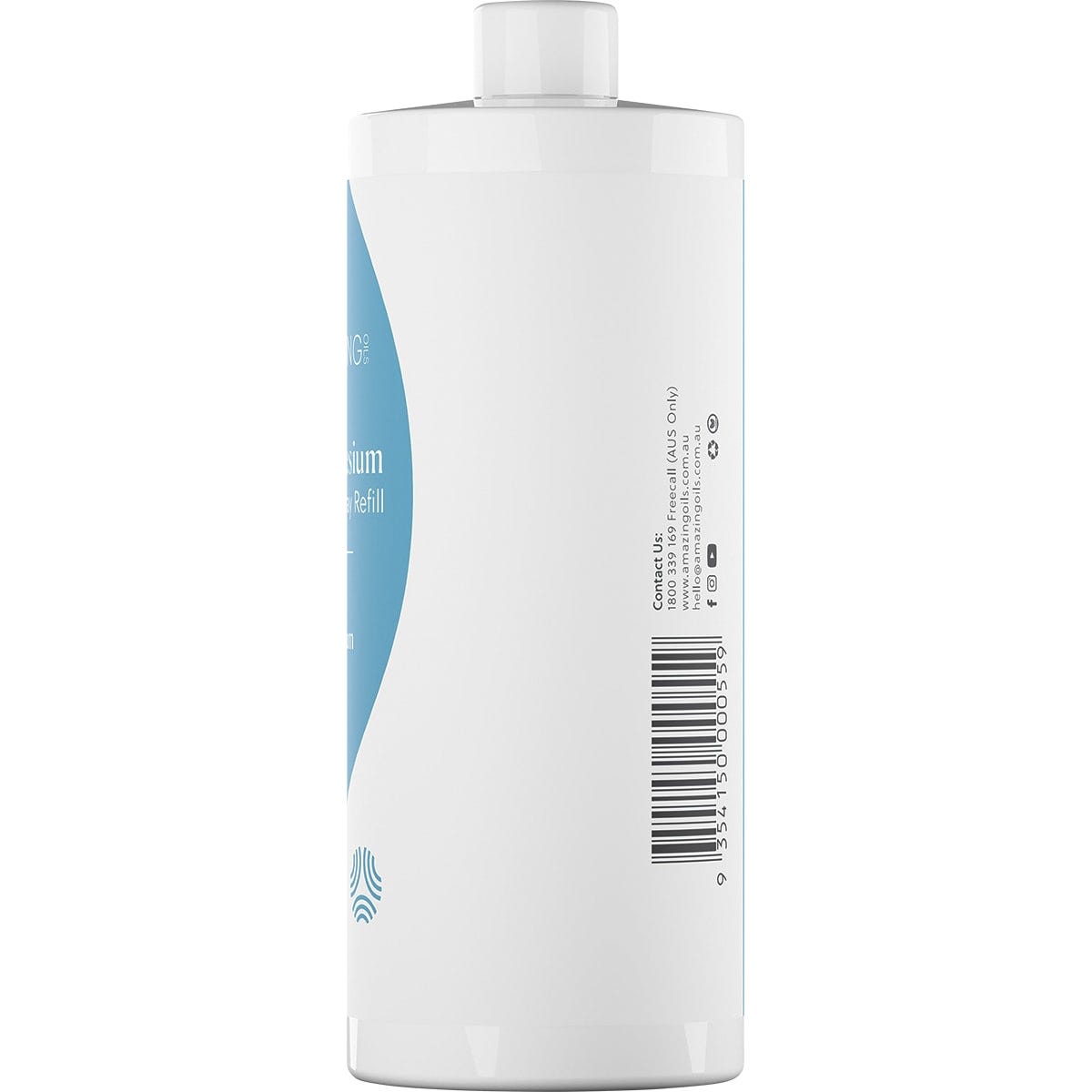 1L refill bottle of Amazing Oils Magnesium Daily Spray with a blue label and black cap on a white background.