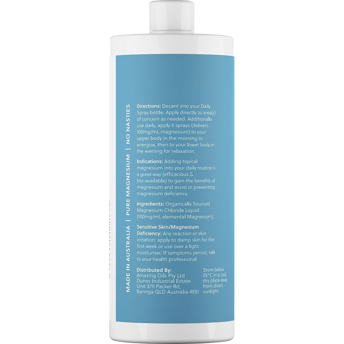 1L bottle of Amazing Oils Magnesium Daily Spray Refill with a blue and gold label on a plain white background.