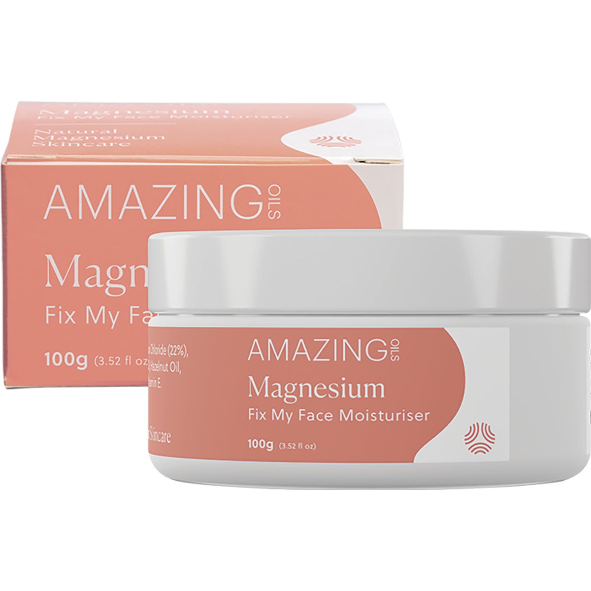 Amazing Oils Magnesium Moisturiser Fix My Face 100g tub with a white label on a clean white background.