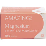 Side view of a 100g tub of Amazing Oils Magnesium Moisturiser showing product features and a white screw-top lid.