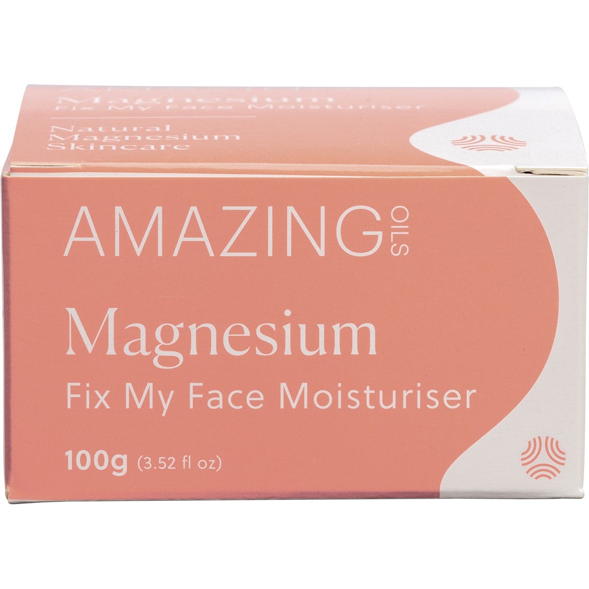 Side view of a 100g tub of Amazing Oils Magnesium Moisturiser showing product features and a white screw-top lid.