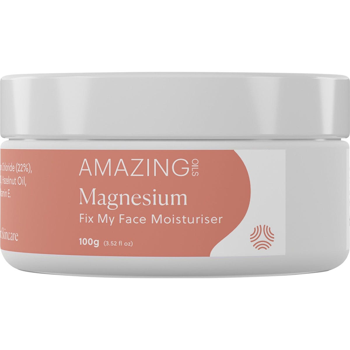 Amazing Oils Magnesium Moisturiser Fix My Face 100g tub with its lid off showing the white cream inside.