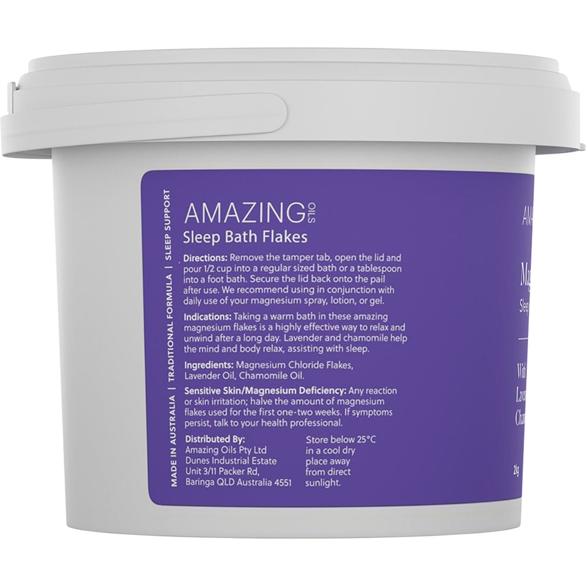 2kg tub of Amazing Oils Magnesium Sleep Bath Flakes with lavender and chamomile against a plain white background.