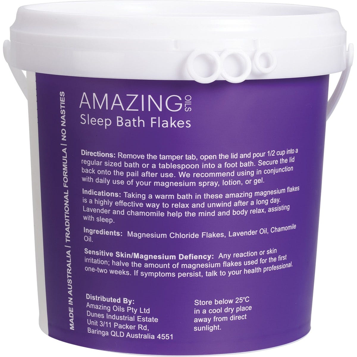 2kg tub of Amazing Oils Magnesium Sleep Bath Flakes with lavender and chamomile against a white background.