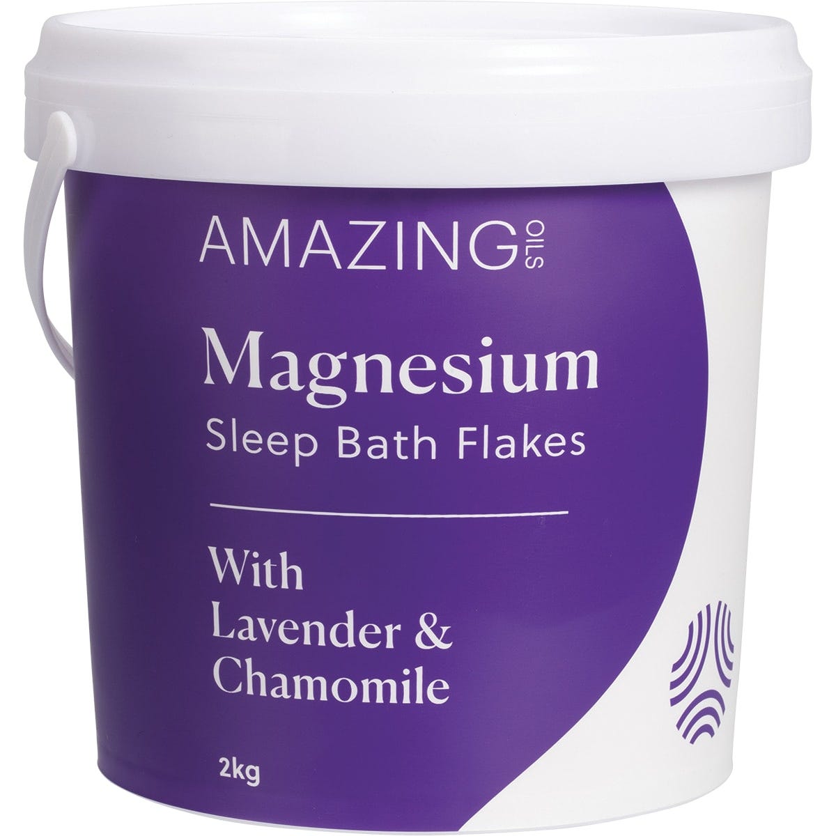 2kg tub of Amazing Oils Magnesium Sleep Bath Flakes with lavender and chamomile illustrations on a white background.