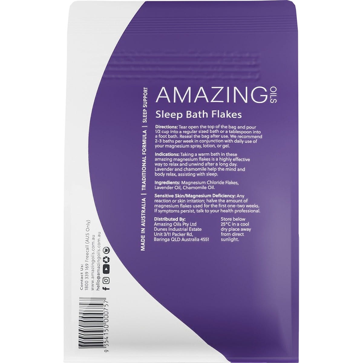 800g bag of Amazing Oils Magnesium Sleep Bath Flakes with lavender and chamomile, angled view on a white background.