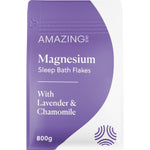 800g bag of Amazing Oils Magnesium Sleep Bath Flakes with lavender and chamomile on a white background.