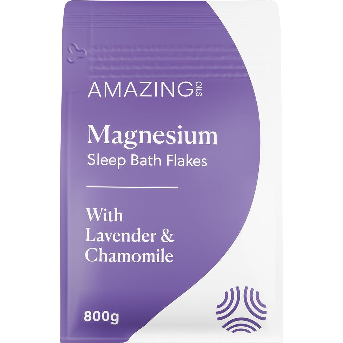 800g bag of Amazing Oils Magnesium Sleep Bath Flakes with lavender and chamomile on a white background.