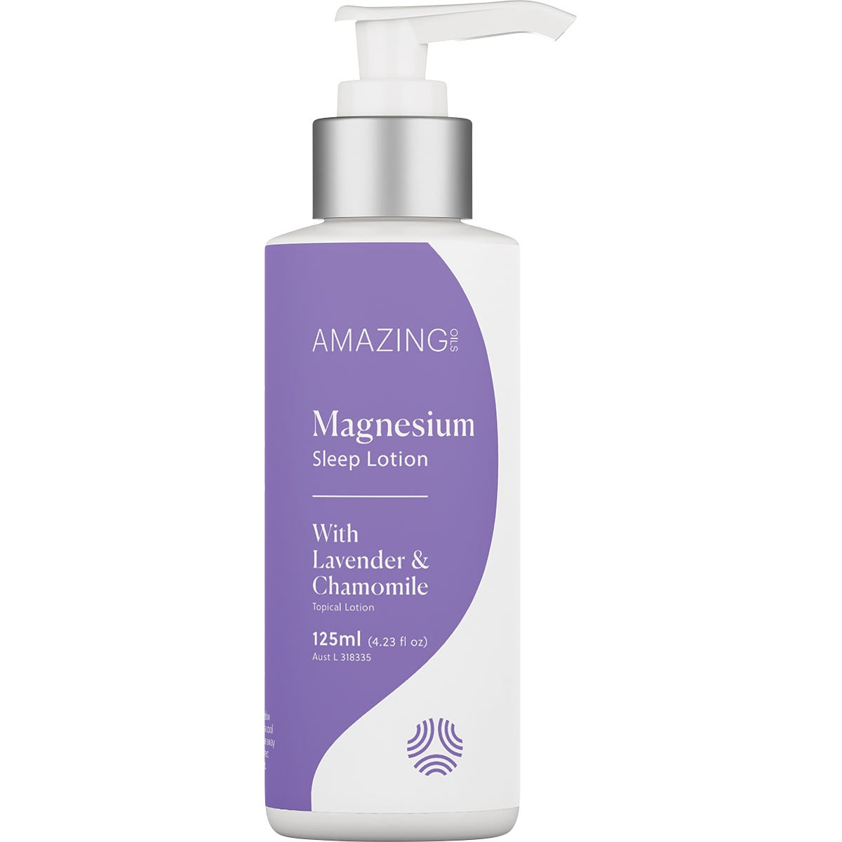 Amazing Oils Magnesium Sleep Lotion 125ml bottle with lavender and chamomile illustrations on a white background.