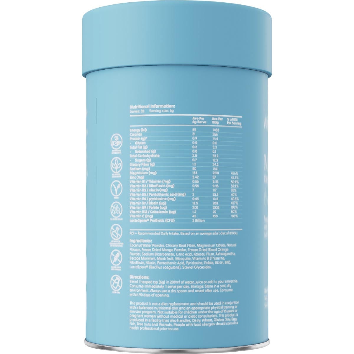 200g tub of Amazing Oils Magnesium Wellness Drink Tropical Mango showing the product label and nutritional facts.