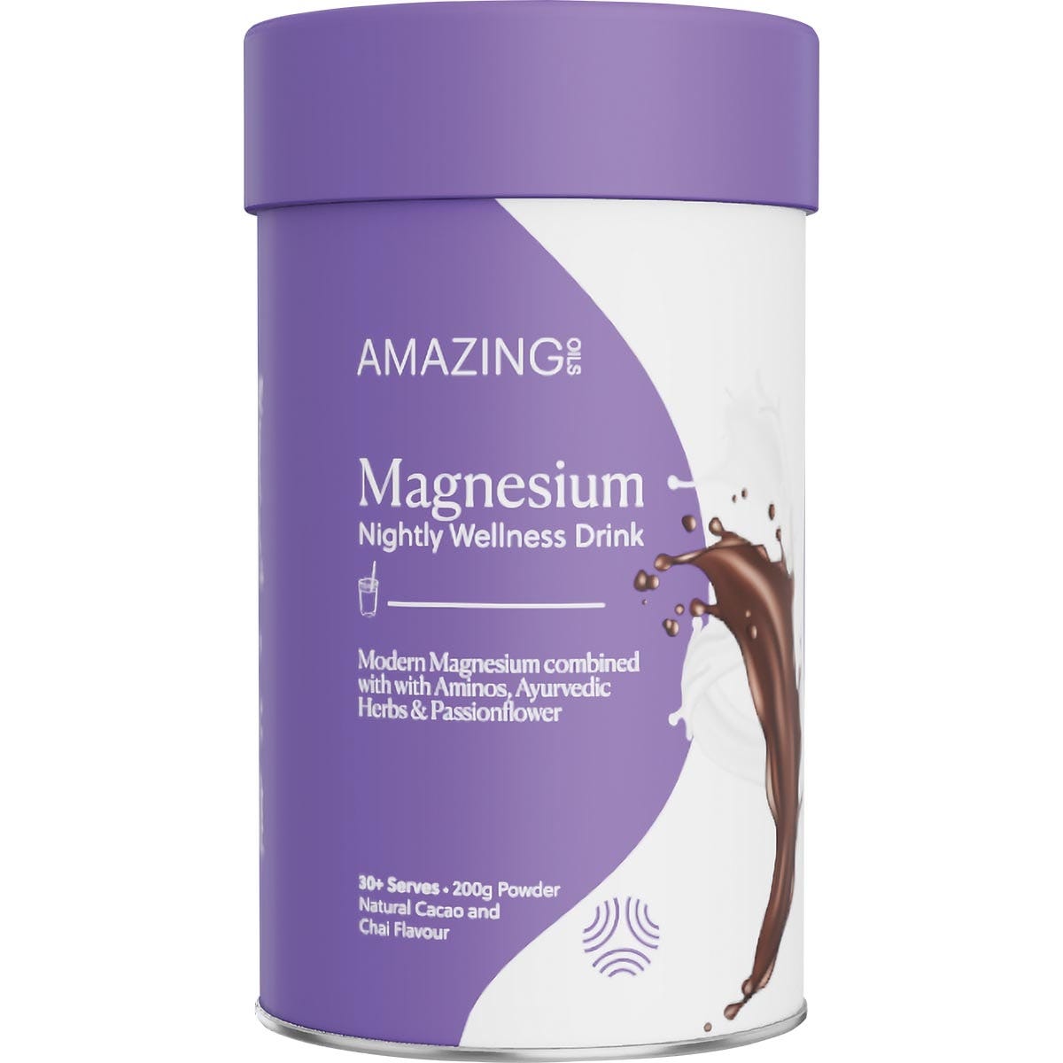 Amazing Oils Nightly Magnesium Wellness Drink 200g tub in cacao and chai flavor on a white background.