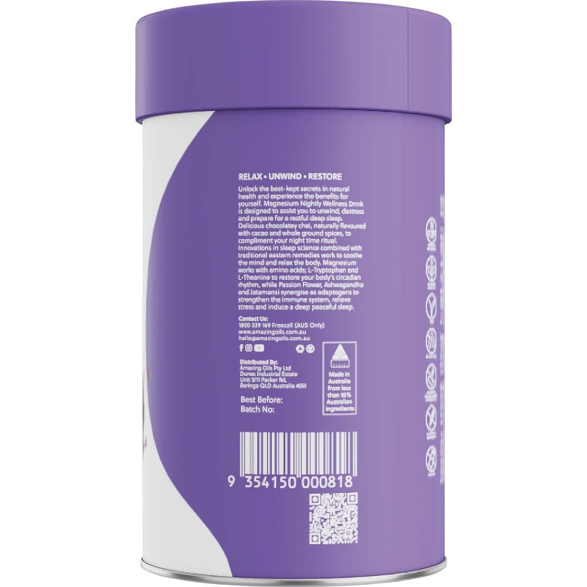 Amazing Oils Magnesium Wellness Drink Nightly Cacao & Chai 200g Payless 4 Organics