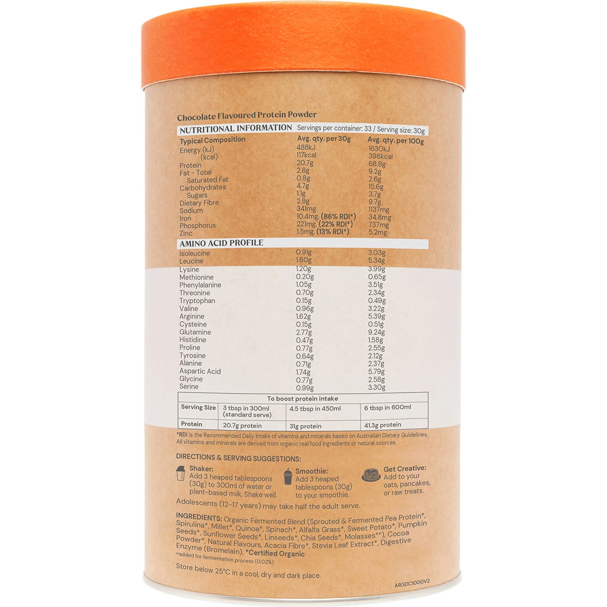 1kg tub of Amazonia Raw Gentle Digest Paleo Protein Chocolate on a white background.