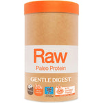 1kg tub of Amazonia Raw Gentle Digest Paleo Protein Chocolate with botanical illustrations on a white background.