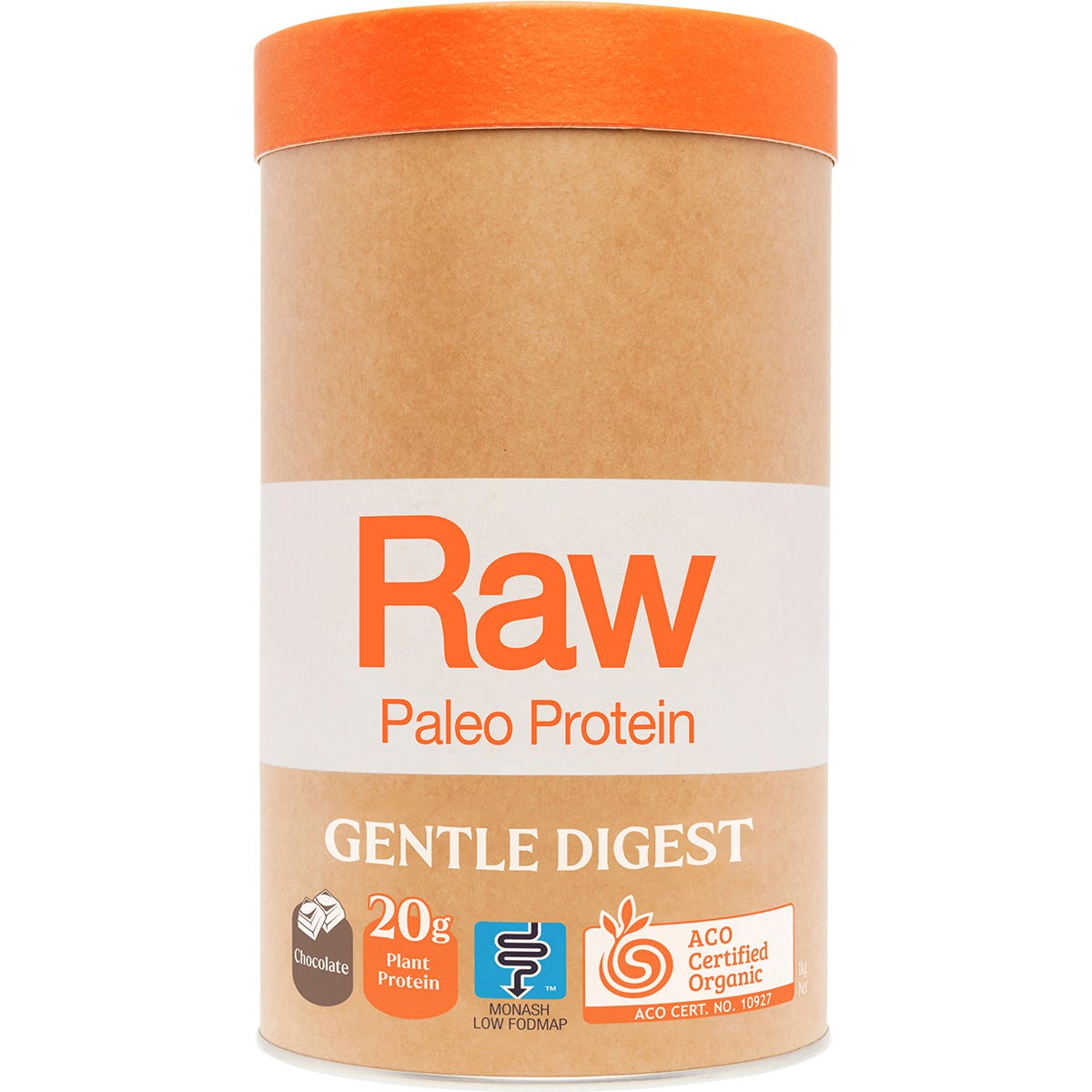 1kg tub of Amazonia Raw Gentle Digest Paleo Protein Chocolate with botanical illustrations on a white background.