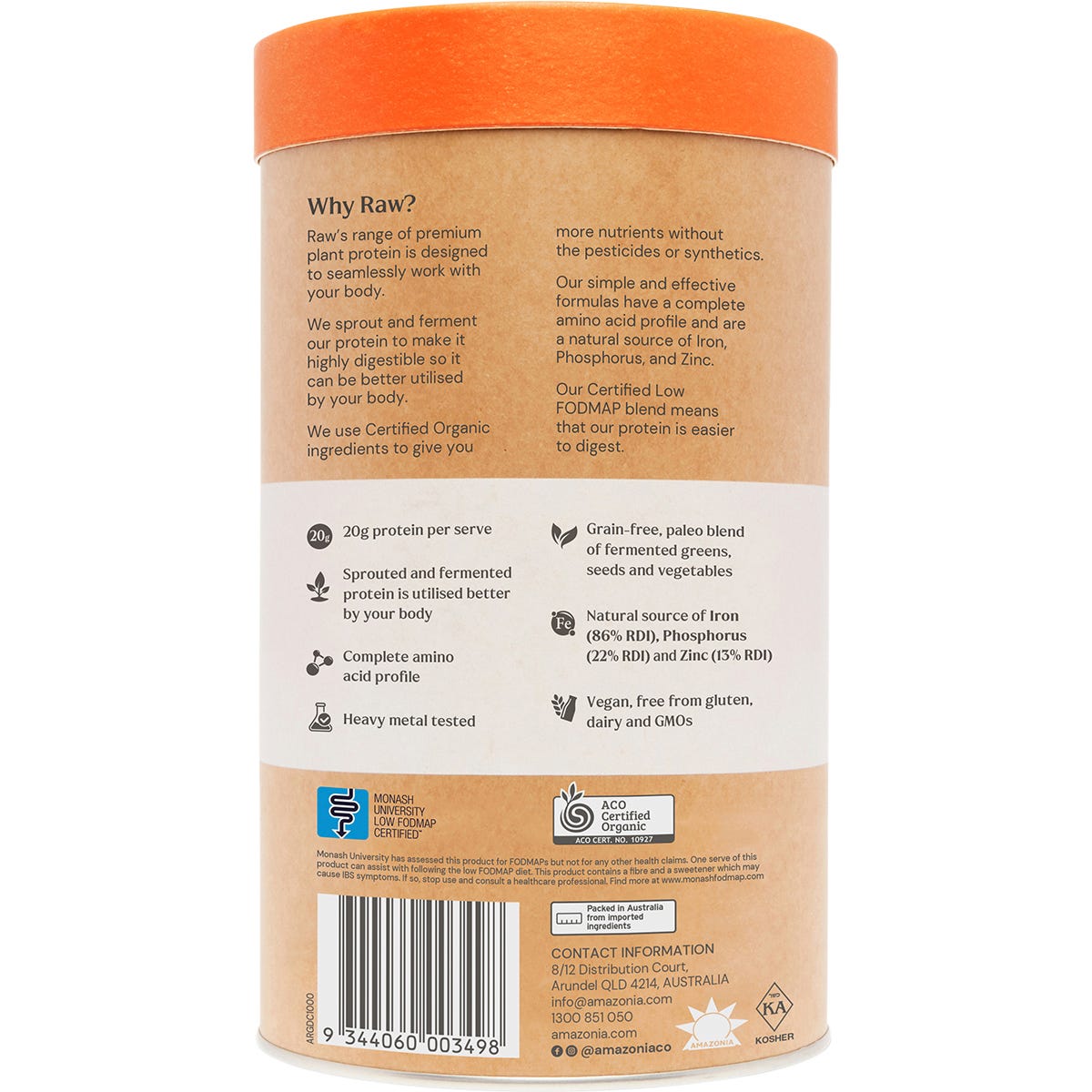 Amazonia Raw 1kg tub of Gentle Digest Paleo Protein Chocolate with botanical illustrations on a white background.