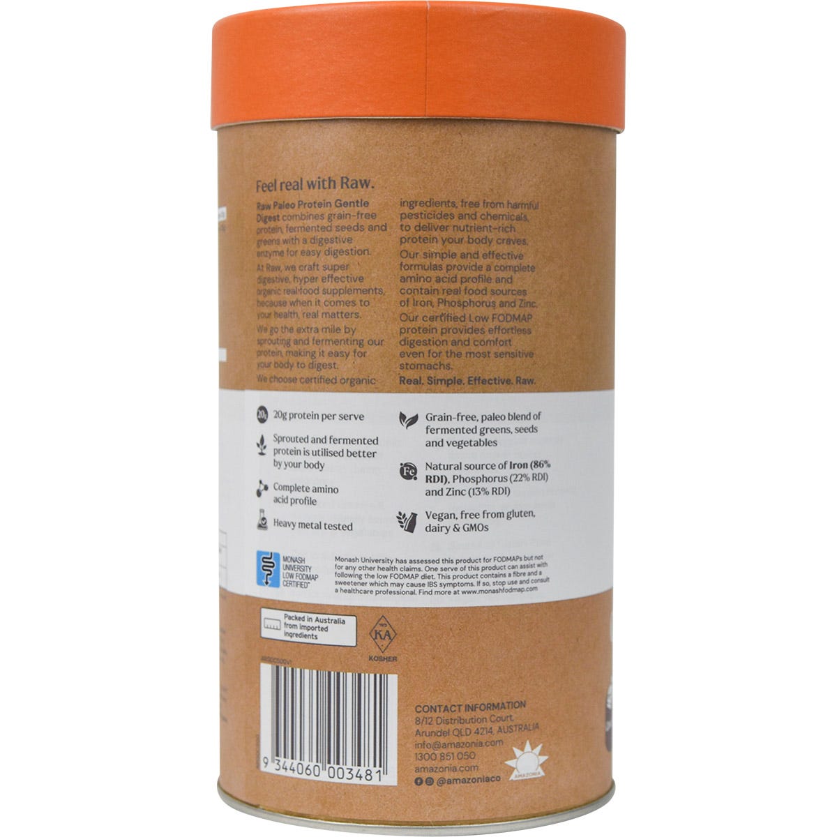 500g tub of Amazonia Raw Gentle Digest Paleo Protein Chocolate with a brown label against a white background.