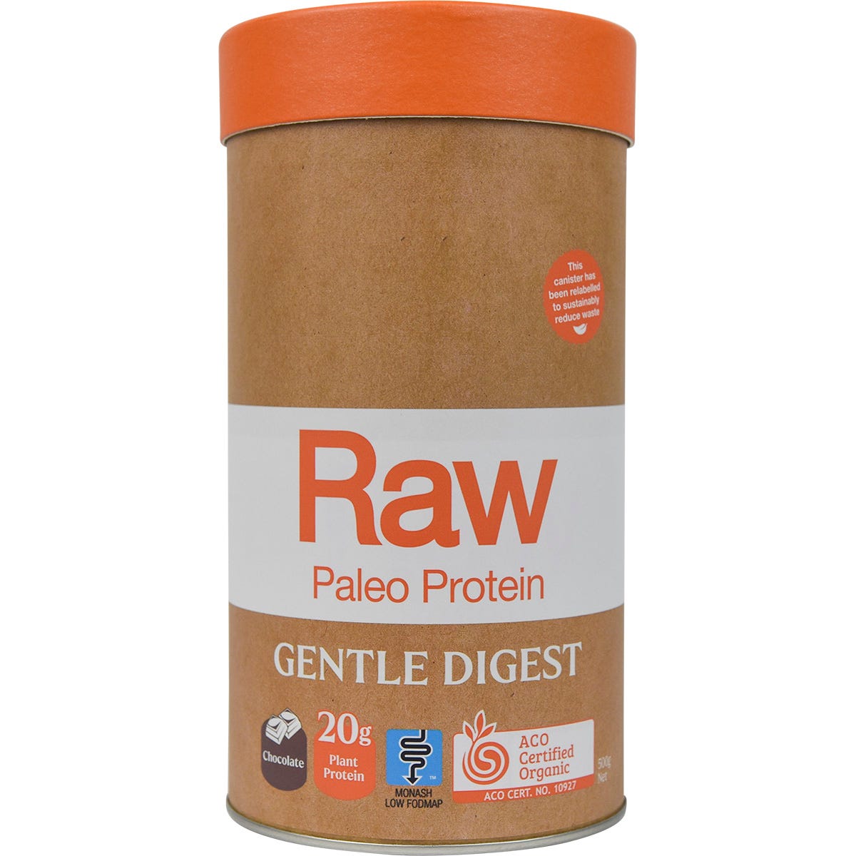 500g tub of Amazonia Raw Gentle Digest Paleo Protein in Chocolate flavor, featuring a brown label on a white background.