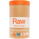 1kg tub of Amazonia Raw Gentle Digest Paleo Protein Vanilla featuring botanical illustrations on a white background.