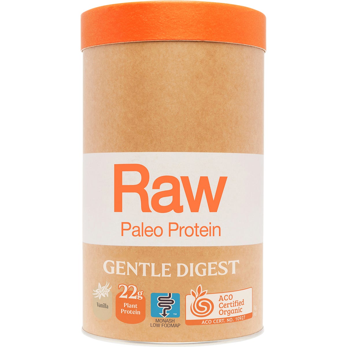 1kg tub of Amazonia Raw Gentle Digest Paleo Protein Vanilla featuring botanical illustrations on a white background.