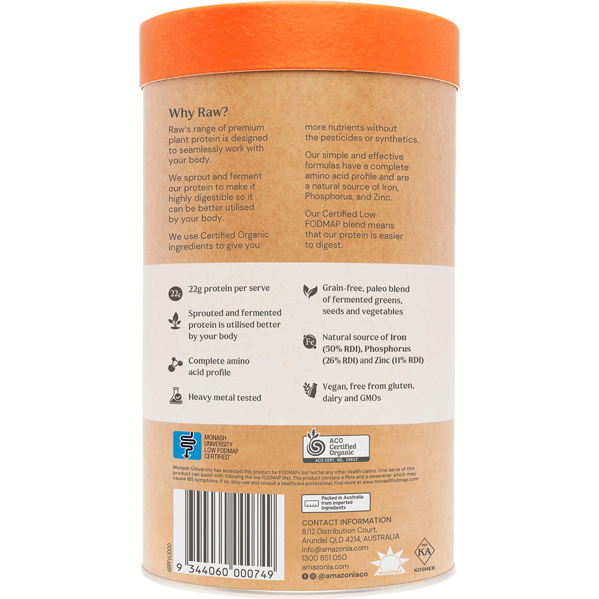 Amazonia Raw Gentle Digest Paleo Protein Vanilla 1kg tub showing nutritional info and ingredients.