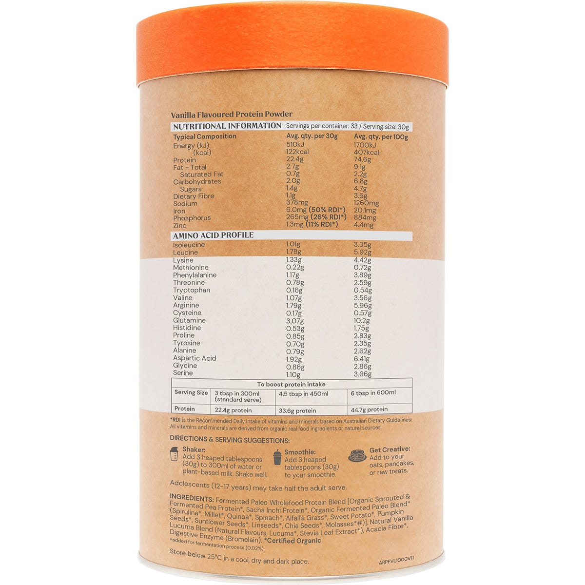 1kg tub of Amazonia Raw Gentle Digest Paleo Protein Vanilla on a white background with botanical illustrations.