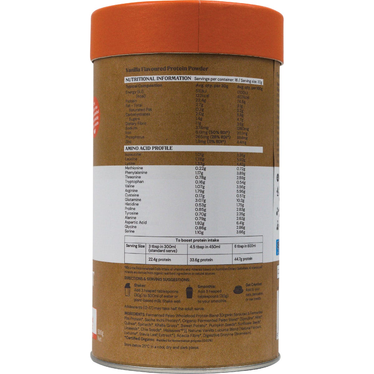 Back of Amazonia Raw Gentle Digest Vanilla 500g tub showing nutrition facts, ingredients, and company information.