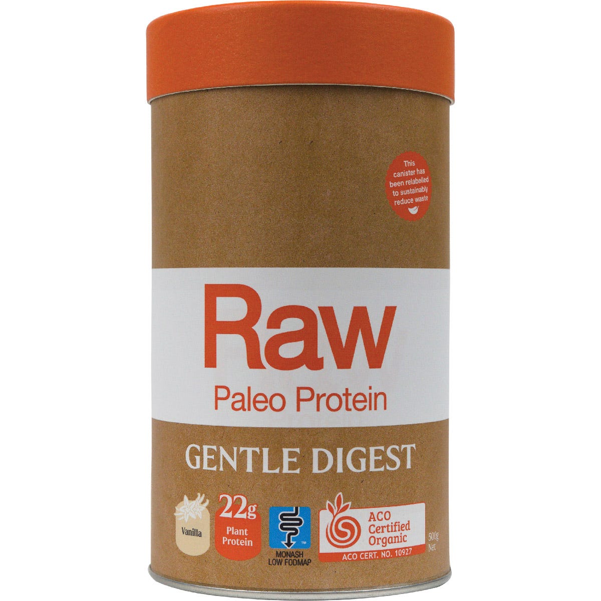 Amazonia Raw Gentle Digest Paleo Protein Vanilla 500g tub with botanical illustrations on a white background.