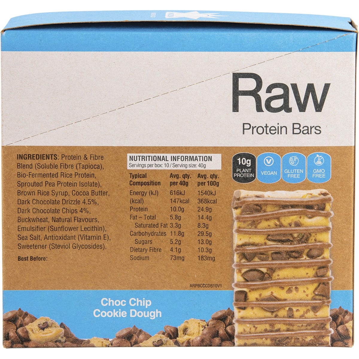 Amazonia Raw Protein Bar Choc Chip Cookie Dough 40g (Pack of 10) Payless 4 Organics