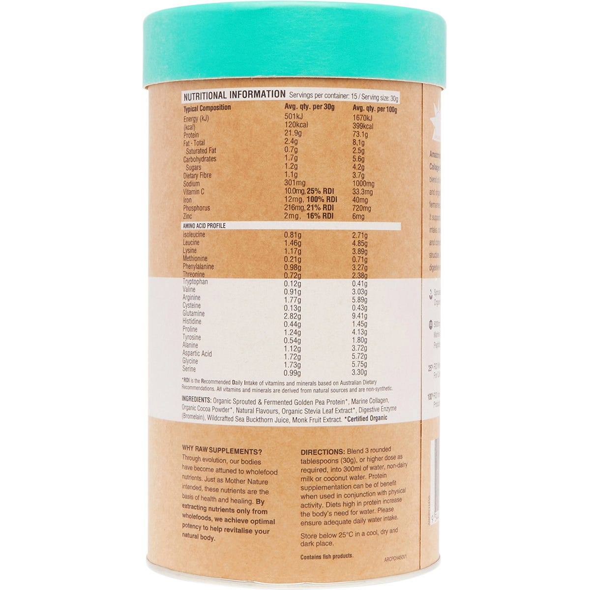 450g tub of Amazonia Raw Protein Collagen Plus Choc Hazelnut on a white background, shown from a side angle.
