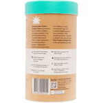 Nutrition facts and ingredients list on the side of an Amazonia Choc Hazelnut Raw Protein Collagen Plus tub.