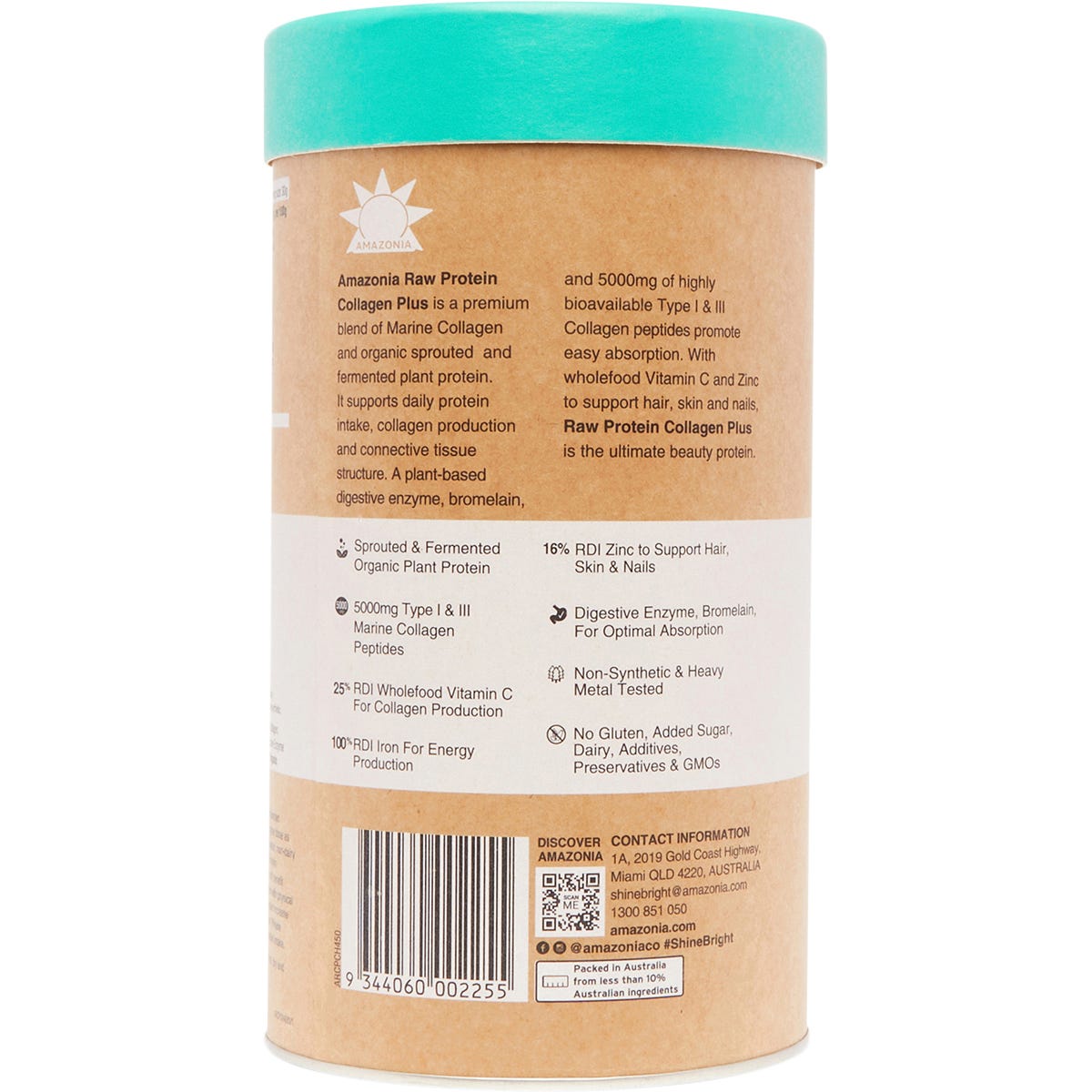 Nutrition facts and ingredients list on the side of an Amazonia Choc Hazelnut Raw Protein Collagen Plus tub.