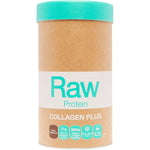 450g tub of Amazonia Raw Protein Collagen Plus in Choc Hazelnut flavor with a brown and white label.