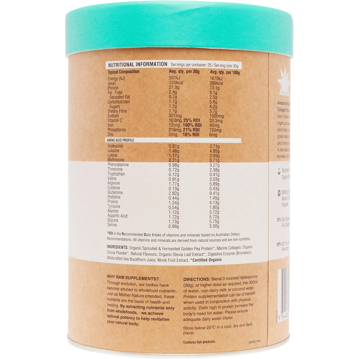 750g tub of Amazonia Raw Protein Collagen Plus in Choc Hazelnut on a white background.