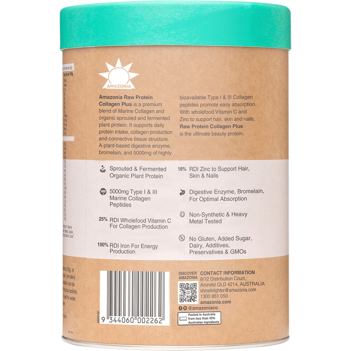 Amazonia Raw Protein Collagen Plus Choc Hazelnut 750g tub with chocolate and hazelnut illustrations.