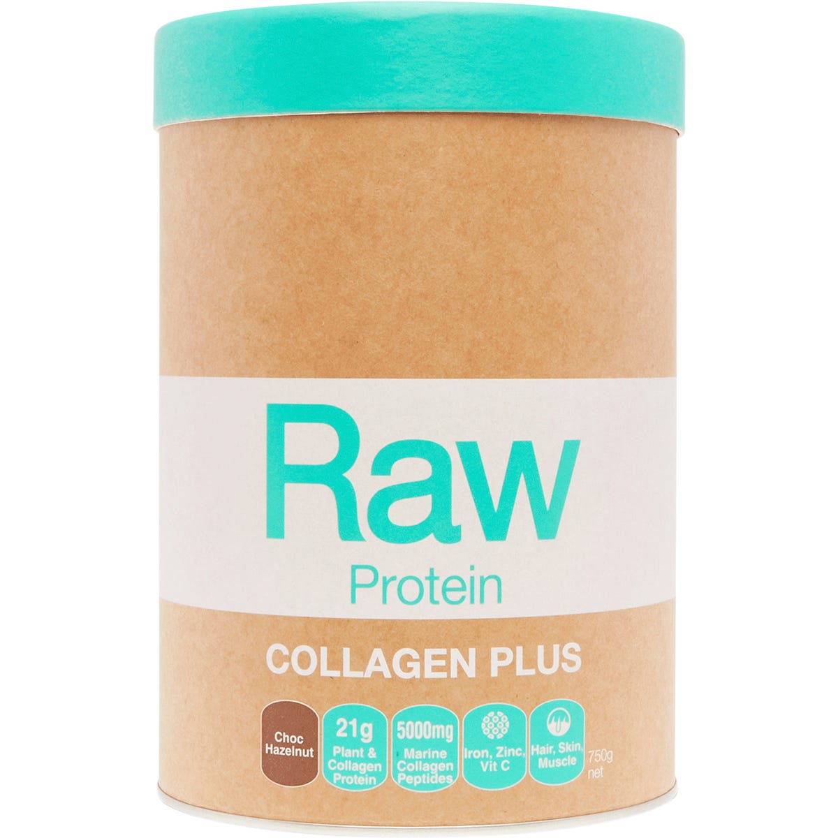 Amazonia Raw Protein Collagen Plus Choc Hazelnut 750g tub with marine collagen and sprouted plant protein.