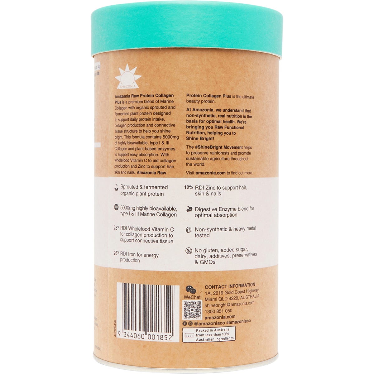 Side view of Amazonia Raw Protein Collagen Plus Vanilla Maple 450g tub featuring botanical illustrations.