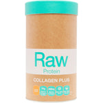 450g tub of Amazonia Raw Protein Collagen Plus in Vanilla Maple flavor with botanical illustrations.