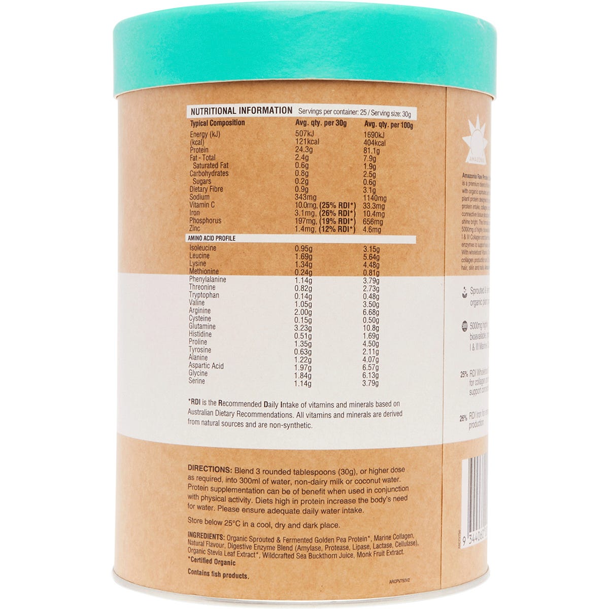 750g tub of Amazonia Raw Protein Collagen Plus Vanilla Maple with botanical illustrations on a white background.