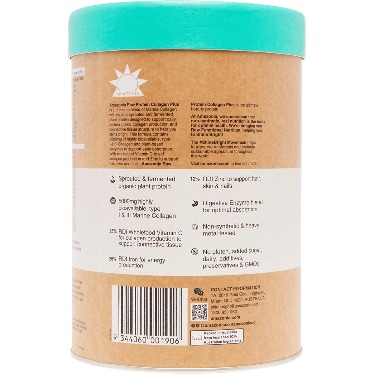 Amazonia Raw Protein Collagen Plus Vanilla Maple 750g tub with botanical designs on a white background.