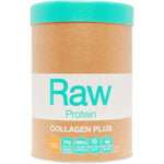 Amazonia Raw Protein Collagen Plus Vanilla Maple 750g tub with botanical illustrations on a white background.