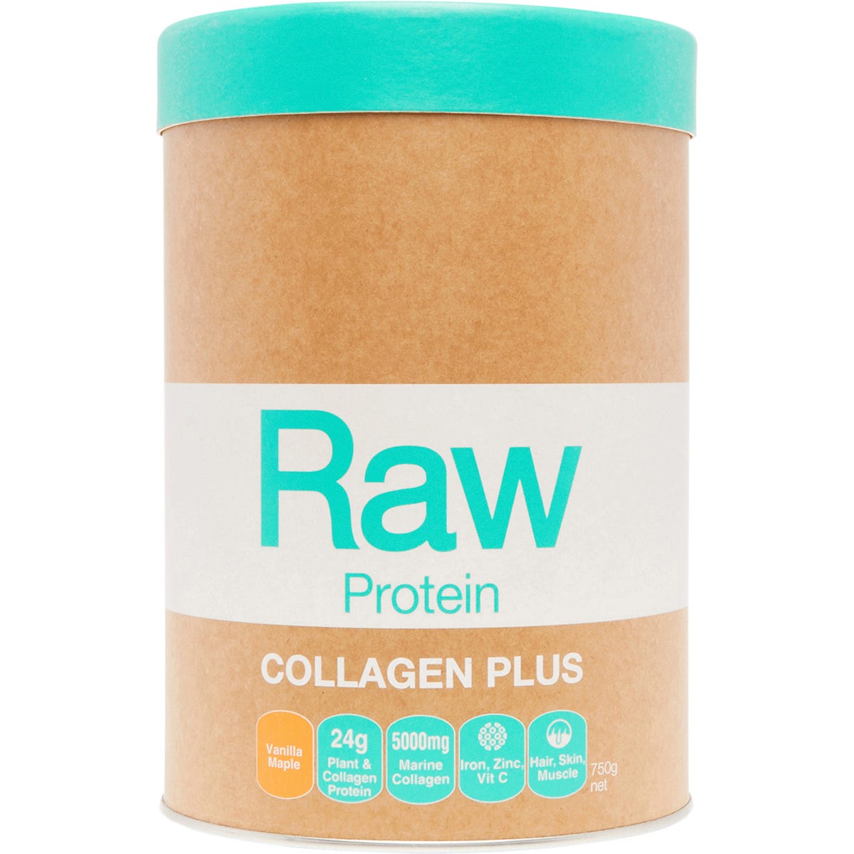 Amazonia Raw Protein Collagen Plus Vanilla Maple 750g tub with botanical illustrations on a white background.