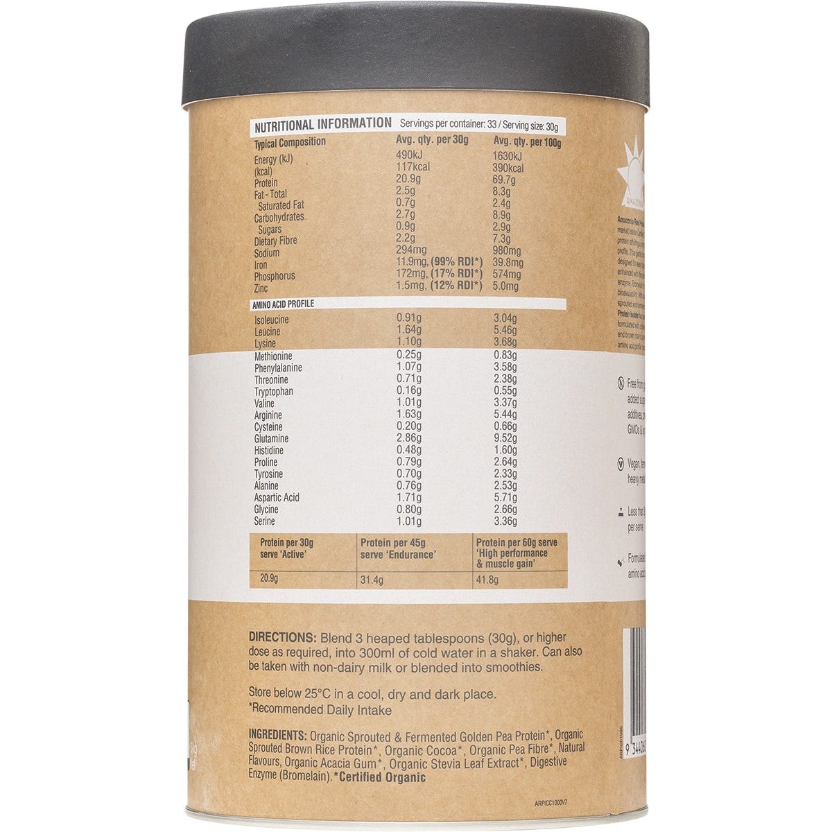 1kg tub of Amazonia Raw Protein Isolate Choc Coconut with organic plant protein on a white background.
