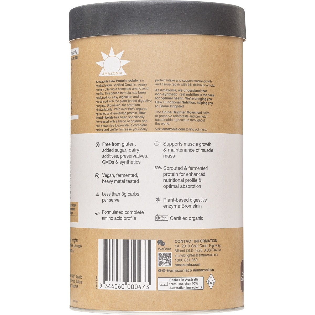 Amazonia Raw Protein Isolate Choc Coconut 1kg tub with nutritional information on a white background.