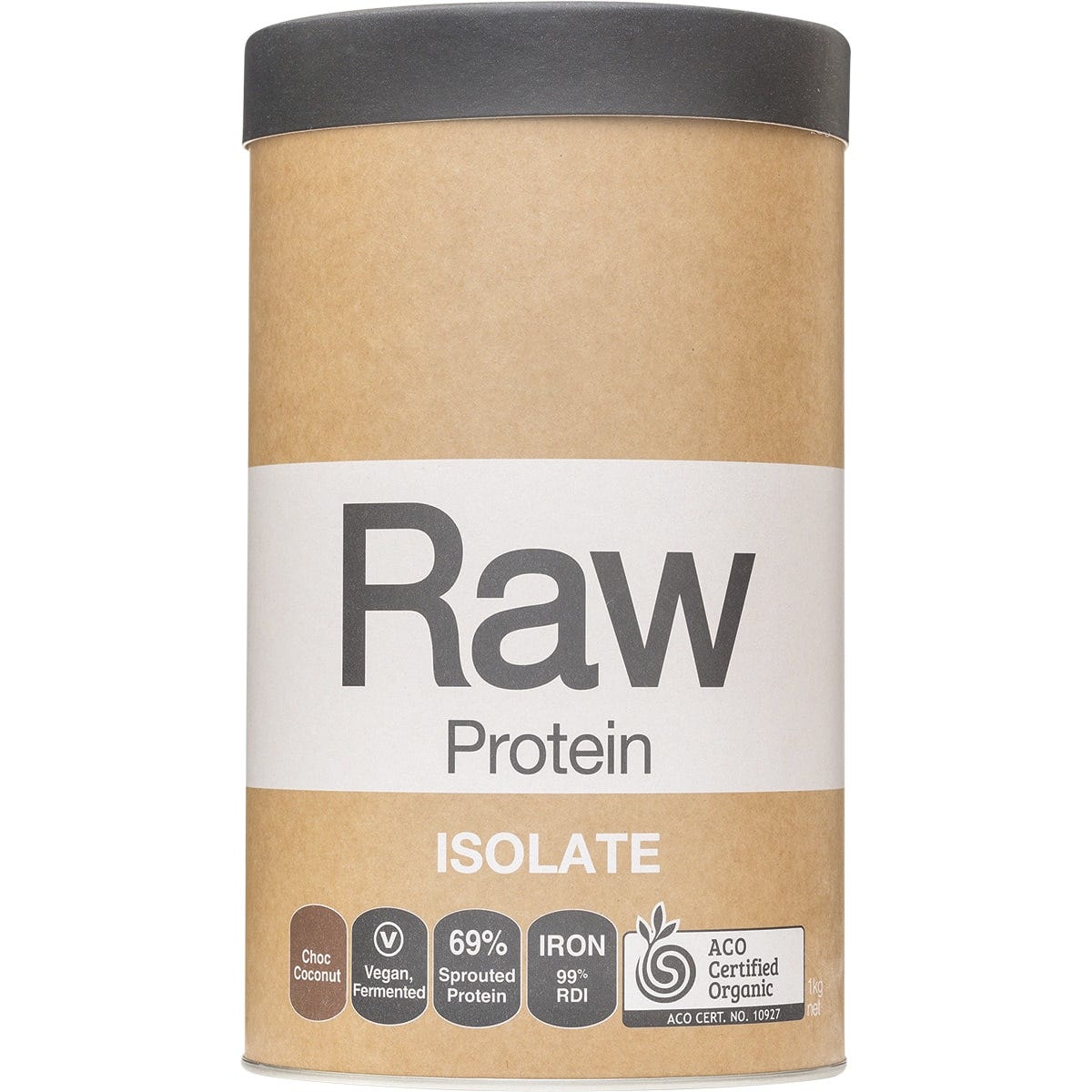 1kg tub of Amazonia Raw Protein Isolate Choc Coconut featuring organic sprouted and fermented plant protein.
